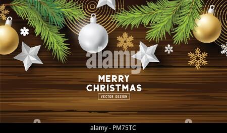Festive christmas background design with xmas decorations on a vintage wooden background. Vector illustration. Stock Vector