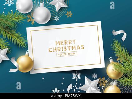 Festive Christmas Composition with fir branches, christmas baubles and snowflakes on a colorful background. Top view vector illustration. Stock Vector