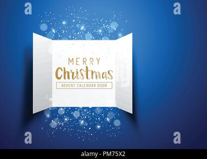 Christmas advent Calendar Doors opening with snowflakes and glitter on a blue background. Vector illustration. Stock Vector