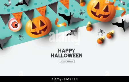 Happy Halloween holiday party Composition with Jack O' Lantern pumpkins, party decorations and sweets. Background top view vector illustration. Stock Vector