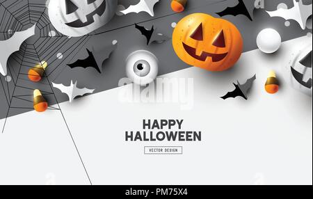 Happy Halloween holiday party Composition with Jack O' Lantern pumpkins, party decorations and sweets. Background top view vector illustration. Stock Vector