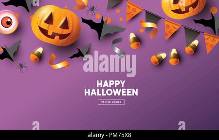Happy Halloween holiday party Composition with Jack O' Lantern pumpkins and background top view vector illustration. Stock Vector