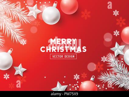 Christmas Composition with fir branches, christmas baubles and snowflakes on a redbackground. Top view vector illustration. Stock Vector