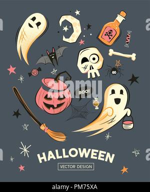 Retro cute happy Halloween design vector decorations and characters. Stock Vector