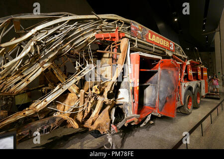 Crushed FDNY fire truck, ladder 3,National September 11 Memorial & Museum. New York City,USA Stock Photo