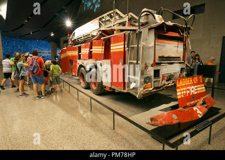 Crushed FDNY fire truck, ladder 3,National September 11 Memorial & Museum. New York City,USA Stock Photo