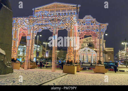 Moscow, Russia - January 29, 2018: Colorful arches, installations. Christmas and New Year decoration on Theatre Square Stock Photo