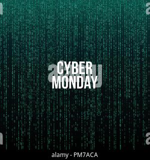 Cyber Monday Poster. White text on green computer code background, vector illustration. Stock Vector