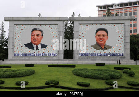 Huge murals of the Eternal Leaders in Pyongyang Stock Photo