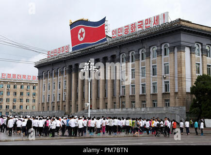 Students in Kim Il Sung Square preparing for the 70th Anniversary Stock Photo