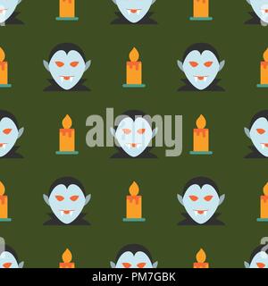 Halloween seamless pattern with ghost and candle on dark green background. Design for background, wallpaper or gift wrapping paper. Vector illustratio Stock Vector