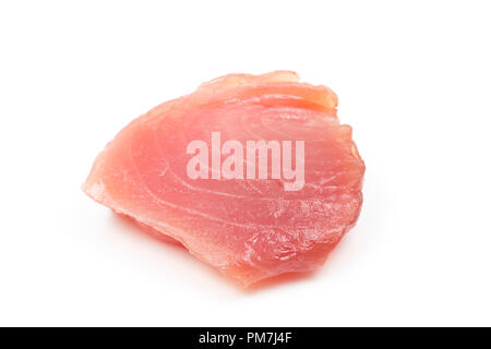 A raw  line-caught Yellowfin tuna, Thunnus albacares, steak bought from a supermarket in the UK and photographed on a white background. Dorset England Stock Photo