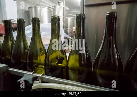 Bottling and sealing conveyor line at winery factory Stock Photo