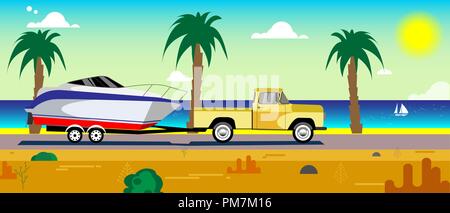 car with a boat on a trailer Stock Vector