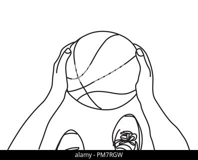 Basketball hands feet and ball top view black and white line Stock Vector