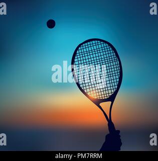 Tennis silhouette of hand with racket in sky Stock Vector