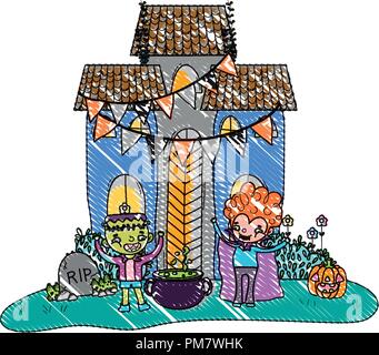 grated scary castle with children costume and pot cauldron Stock Vector