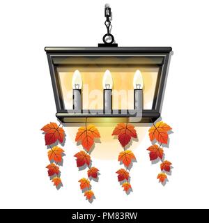 Decorative hanging wall lamp or a sconce with bulbs form of candles with leaves. Element of interior design on theme of golden autumn and thanksgiving day isolated on white background. Vector cartoon. Stock Vector