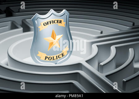 Police badge inside labyrinth maze. 3D rendering Stock Photo