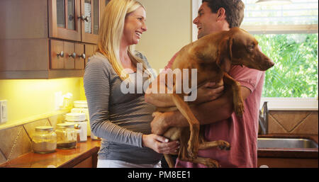 Beautiful pregnant couple playing with dog in kitchen Stock Photo