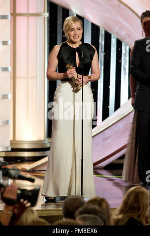 Kate Winslet accepts the Golden Globe Award for BEST PERFORMANCE BY AN ACTRESS IN A MINI-SERIES OR MOTION PICTURE MADE FOR TELEVISION for her role in “Mildred Pierce” (HBO) at the 69th Annual Golden Globe Awards at the Beverly Hilton in Beverly Hills, CA on Sunday, January 15, 2012. Stock Photo