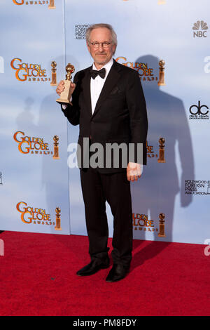 For BEST ANIMATED FEATURE FILM, the Golden Globe is awarded to “The Adventures Of Tintin”, produced by Paramount Pictures/Columbia Pictures/ Hemisphere Capital/Amblin Entertainment/Wingnut Films Production/ Kennedy/Marshall Production A Steven Spielberg Film; Paramount Pictures and Columbia Pictures. Accepting the award is Steven Spielberg backstage in the press room at the 69th Annual Golden Globe Awards at the Beverly Hilton in Beverly Hills, CA on Sunday, January 15, 2012. Stock Photo