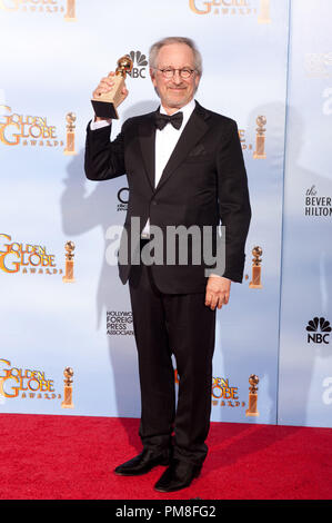 For BEST ANIMATED FEATURE FILM, the Golden Globe is awarded to “The Adventures Of Tintin”, produced by Paramount Pictures/Columbia Pictures/ Hemisphere Capital/Amblin Entertainment/Wingnut Films Production/ Kennedy/Marshall Production A Steven Spielberg Film; Paramount Pictures and Columbia Pictures. Accepting the award is Steven Spielberg backstage in the press room at the 69th Annual Golden Globe Awards at the Beverly Hilton in Beverly Hills, CA on Sunday, January 15, 2012. Stock Photo