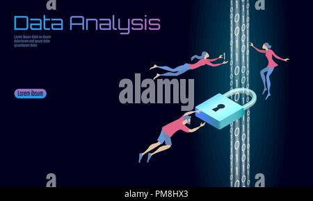 Secure data analysis processing business concept. Personal information safety isometric cartoon padlock binary code flow. People man work problem solving. Web banner background vector illustration Stock Vector