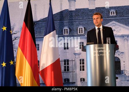 President of the French Republic Emmanuel Jean-Michel Frédéric Macron holds a press conference. Stock Photo