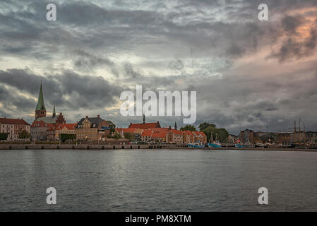 The city of Helsingor in Denmark from across the harbour. Stock Photo