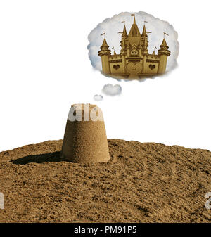 Dream big concept motivational idea or business development as a small sand pile dreaming to become a sand castle with 3D illustration elements. Stock Photo