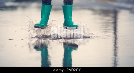 Child walking in wellies in puddle on rainy weather