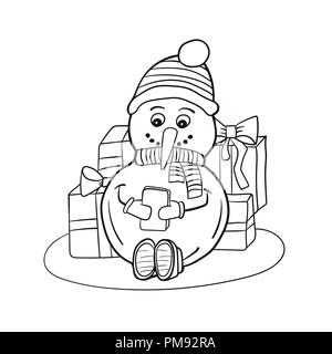 Outlined coloring snowman with mobile phone. Coloring book page for children Stock Vector