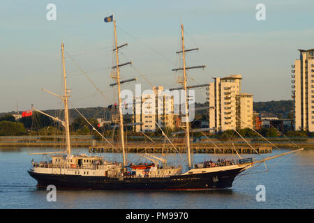 Sail training ship Tenacious operated by the Jubilee Sailing Trust seen heading up the River Thames to London Stock Photo