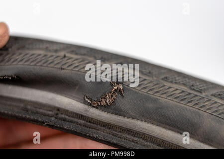 A beaten bicycle tire in the workshop. A bicycle wheel pierced with a nail. Light background. Stock Photo
