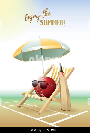 Enjoy the Summer! Sports card. Cricket ball with sunglasses, beach umbrella, deck chair and wooden bat on the Cricket field. Vector illustration. Stock Vector