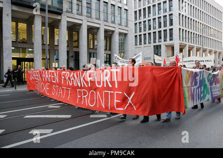Frankfurt, Germany. 17th September 2018. Protesters march through Frankfurt with a banner that reads 'Safe haven Frankfurt - Sealift instead of Frontex'. Around 6.300 protesters marched through Frankfurt, in support of the Seebrucke (Sea Lift) movement for the rescuing of refugees from the Mediterranean Sea. They also protested against the restrictive refugee policies of German Federal Interior Minister Horst Seehofer, who was due to speak at a congress in Frankfurt the following day, but whose appearance was cancelled. Credit: Michael Debets/Alamy Live News Stock Photo