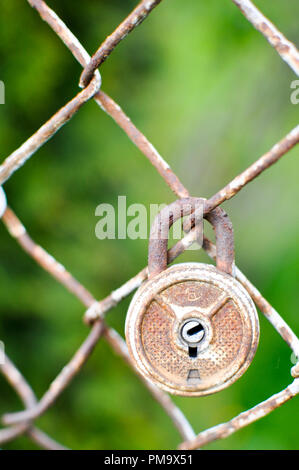 An old and rusty padlock on a metal crate Stock Photo