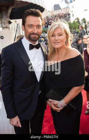 Nominated for BEST PERFORMANCE BY AN ACTOR IN A MOTION PICTURE – COMEDY OR MUSICAL for his role in “LES MISERABLES”, actor Hugh Jackman and wife Deborra-Lee Furness attend the 70th Annual Golden Globe Awards at the Beverly Hilton in Beverly Hills, CA on Sunday, January 13, 2013. Stock Photo