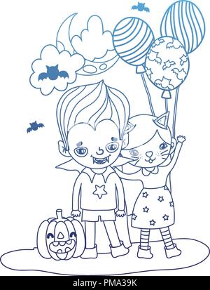 degraded outline girl and boy costumes with balloons and pumpkin Stock Vector