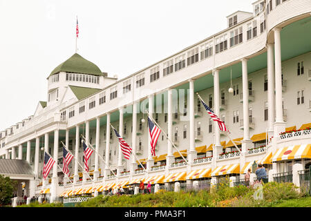 Facade of the Grand Hotel, on Mackinac Island. Popular vacation destination in the state of Michigan, USA. It has the world's largest porch. Stock Photo
