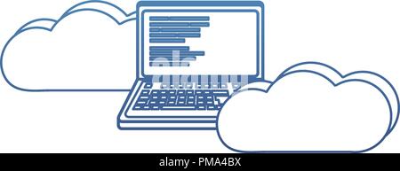 degraded outline data cloud with laptop and code programming Stock Vector