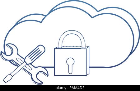 degraded outline cloud data network and padlock equipment Stock Vector