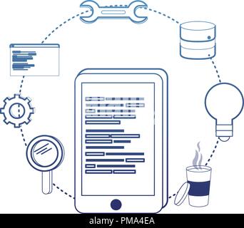degraded outline smartphone programming code and industry equipments Stock Vector