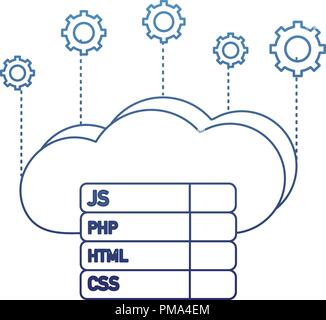 degraded outline cloud data with gears and programming code Stock Vector