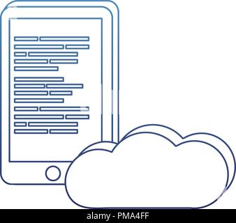 degraded outline smartphone and cloud data with programming code Stock Vector