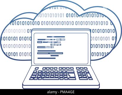 degraded outline data cloud and laptop with programming code Stock Vector