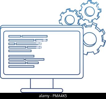 degraded outline industry gear and computer with code program Stock Vector