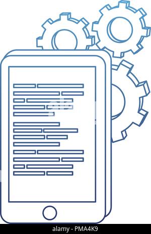 degraded outline smartphone with data code and industry gears Stock Vector