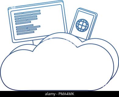 degraded outline computer and smartphone with cloud data center Stock Vector